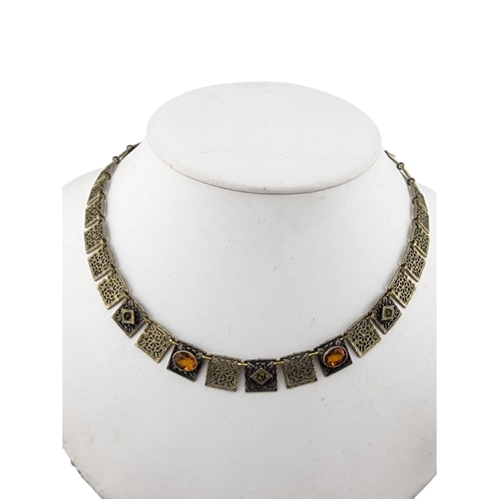 Antique Art Deco Filigree Brass Bezel Set Glass Articulating Necklace A3254 168$